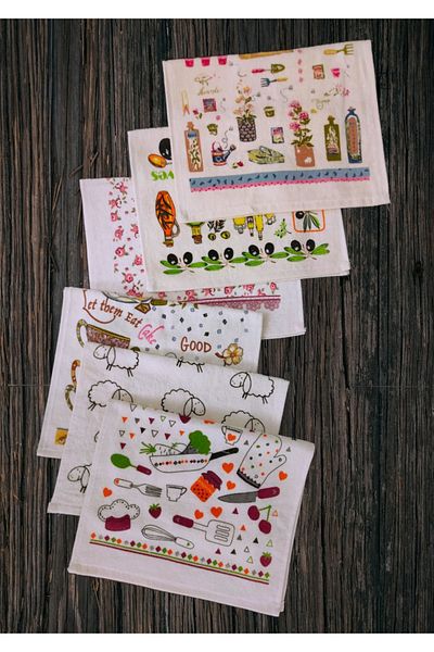 yörük tuhafiye Set of 6 Kitchen Towels 30X50 Cm., Printed Towels with Pictures, Patterned Cream Kitchen Towels Drying Cloth