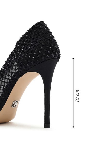 Derimod Women's Black Stone High Thin Heeled Leather Stiletto 25Sfd1214Ts