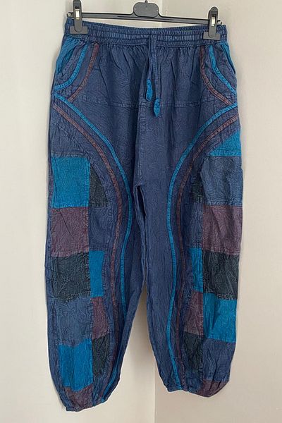 AYASOFYA OTANTIK Unisex Νεπάλ Μπλε έθνικ μοτίβο με ελαστική μέση και πόδια με τσέπες Casual Hippie Bohemian παντελόνι