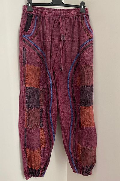 AYASOFYA OTANTIK Unisex Nepalese Burgundy Ethnic Patterned Loose Hippie Bohemian Trousers with Elastic Waist and Pockets