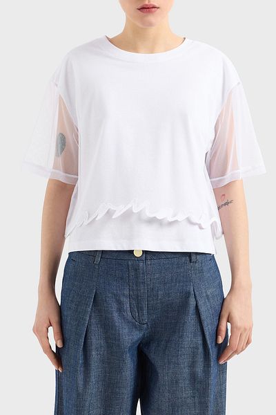 Armani Exchange Armani Exchage 100% Cotton Regular Fit Tulle Detailed Crop t Shirt t Shirt Xw 000541   Af10359 U0002