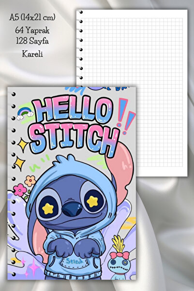daily notebook Stitch Spiralli Kareli Okul Defteri,64 Sayfa,A5(14x21 cm)