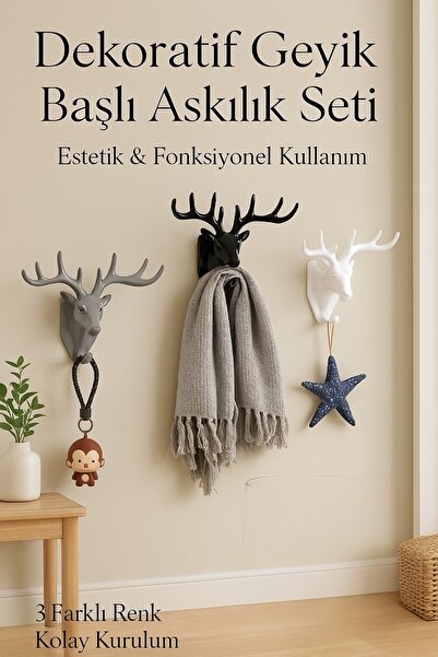 ARVALE Nordik Dekor Geyik Başlı Duvar Askılığı - 3’lü Set | Dekoratif Anahtarlık , Delmeden Montaj!