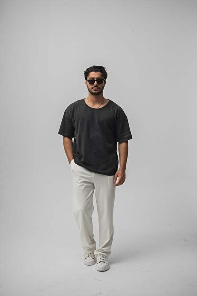 OUTFİT MAN Erkek Açık Yaka Oversize T-Shirt Antrasit