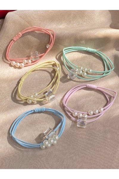 Twinssis Accessories Colorful Pearl Detailed Horsetail Hair Elastic Set of 5