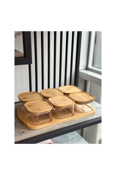 MİEN M-0003 H/7 Bamboo Lid Glass 6-Piece Breakfast Set
