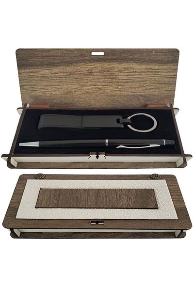 Skygo Black Pen and Keychain Set with Wooden Box
