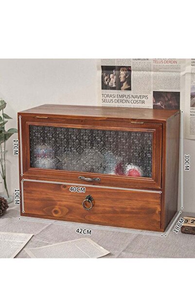 Yelajoy 2-tier wooden display cabinet,vintage design,with decorative glass and drawer,for desktop storage