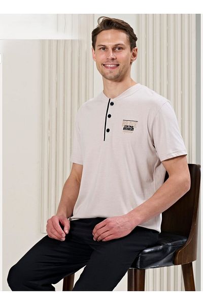 Over Sleep by Poleren Men's Beige Color Pajama Set 1730