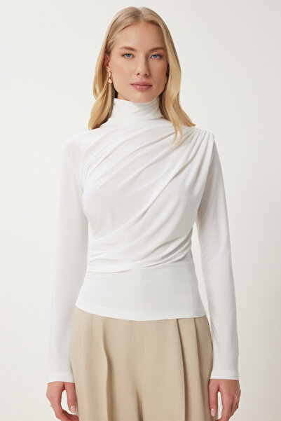 Happiness İstanbul Dámská blůza Ecru Gather s vysokým límcem Sandy FF00135