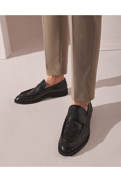 Hotiç Genuine Leather Black Men's Crocodile Pattern Loafer