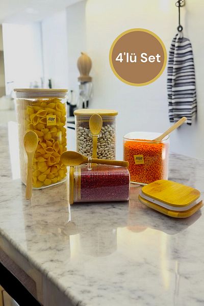 Kitchen Way Bamboo Spoon, 4-Piece Glass Jar with Gasket Cover, Spice and Food Storage Set (Kw-373 Series)