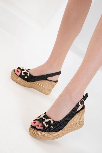 SOHO 20483 Schwarze Stroh-Damenschuhe mit Keilabsatz