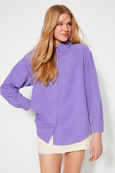 Trendyol Collection Világoslila egyzsebű barát/széles szabású pamut szőtt ing TWOAW20GO0115