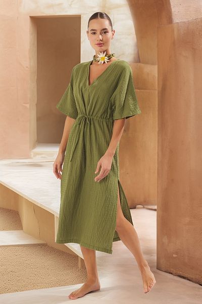 Trendyol Collection Khaki*001 Einfarbiges, normales Midi-Kleid aus 100 % Baumwolle