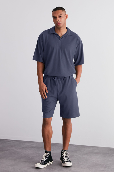 Trendyol Collection Limitovaná edice Indigo – Texturované osmanské šortky širokého střihu Tmnss24Sr00037