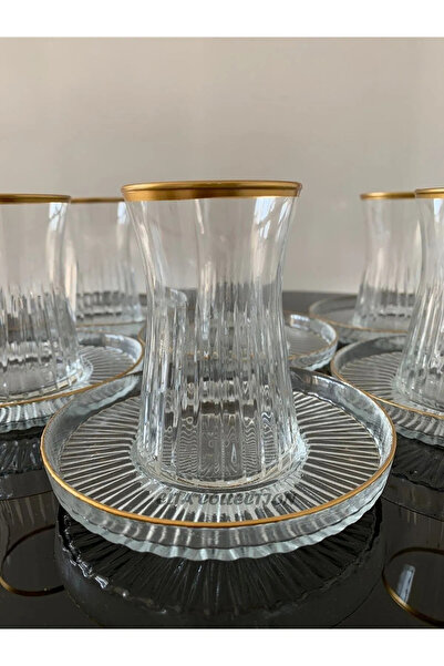 Paşabahçe El Dekorlu Kesme 12 Parça Yaldızlı Elysia Çay Seti