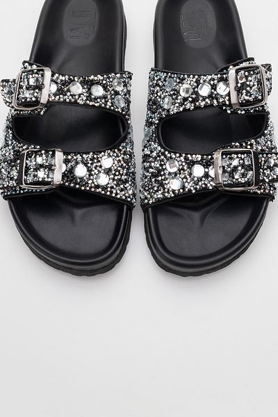LuviShoes Γυναικείες παντόφλες LEILA Μαύρη Πέτρα με λεπτομέρειες από γνήσιο δέρμα με διπλή ζώνη