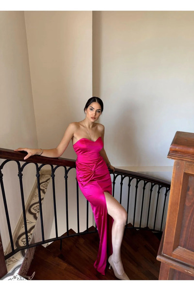 Mekafashion Pamira Ön Düğüm Detay Straplez Saten Abiye 582836