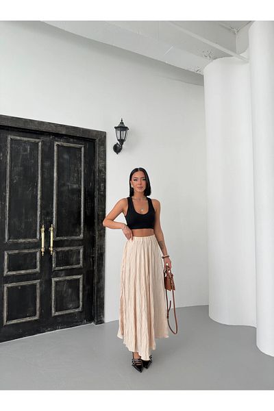 alenmoda Women's Wrinkled Modal Textured Soft Long Skirt