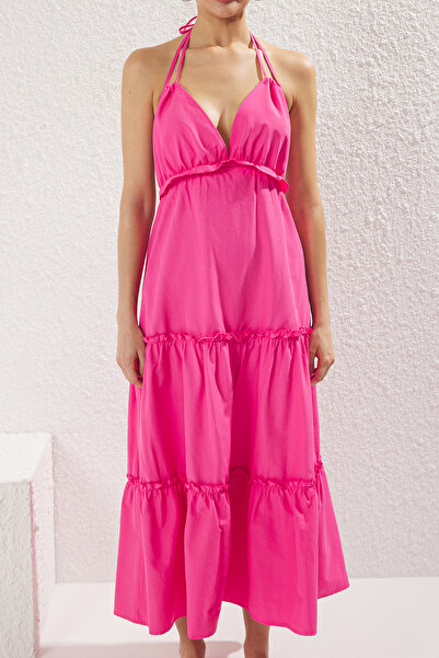 Trendyol Collection Růžové pruhované maxi tkané volánové plážové šaty TBESS24EL00091