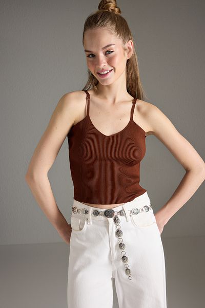 Trendyol Collection Bluzka z dzianiny w paski w kolorze ceglanym TWOSS24BZ00147