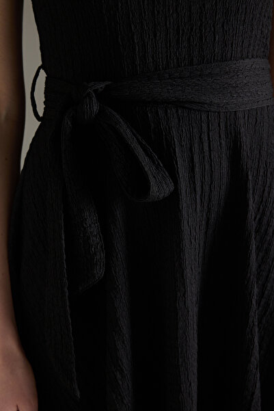 Trendyol Collection Black Textured Strap Tie - Skater/Waist Opening Mini Knitted Dress