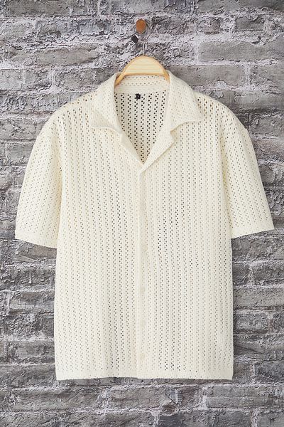 Edit by Trendyol Ecru Oversize Fit Apaş galléros kötöttáru, rövid ujjú ing