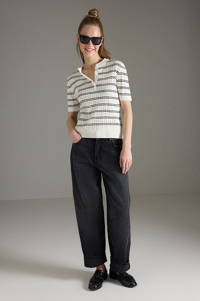 Trendyol Collection Ecru Short Sleeve Striped Knitwear Blouse Twoss25Bz00534