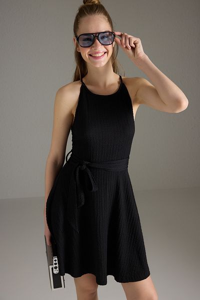 Trendyol Collection Black Textured Strap Tie - Skater/Waist Opening Mini Knitted Dress