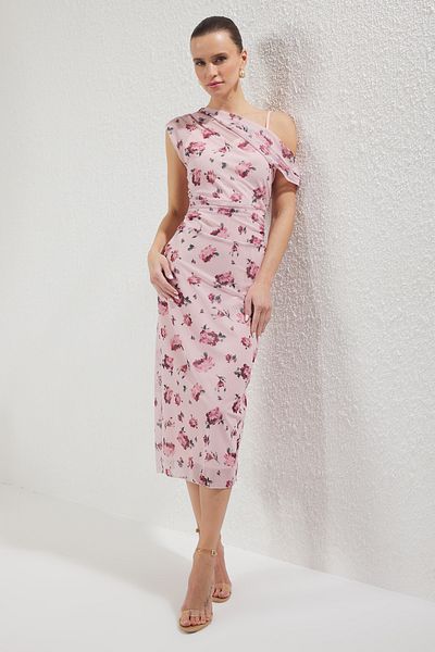 Trendyol Collection Pink Floral Midi Floral Tulle Fuzzy Top Dress Twoss25El00104