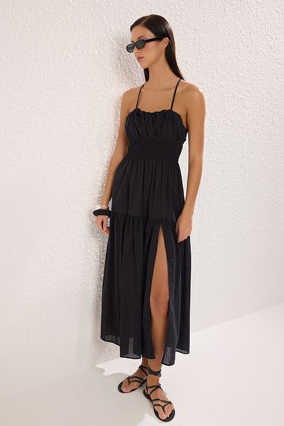 Trendyol Collection Černé oversize maxi tkané plážové šaty ze 100% bavlny TBESS25EL00125