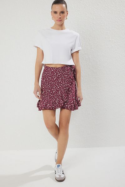 Trendyol Collection Burgundy Floral Double Breasted Ruffled Viscose Summer Mini Skirt Twoss25Et00186