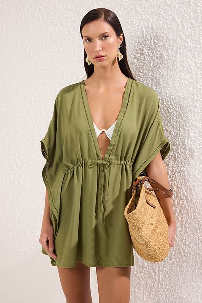 Trendyol Collection TBESS25KM00013 Modell Khaki Mini gewebter, bestickter Strand-Kimono und Kaftan