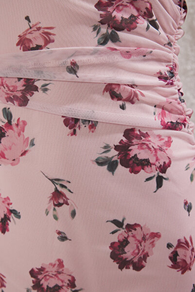Trendyol Collection Pink Floral Midi Floral Tulle Fuzzy Top Dress Twoss25El00104