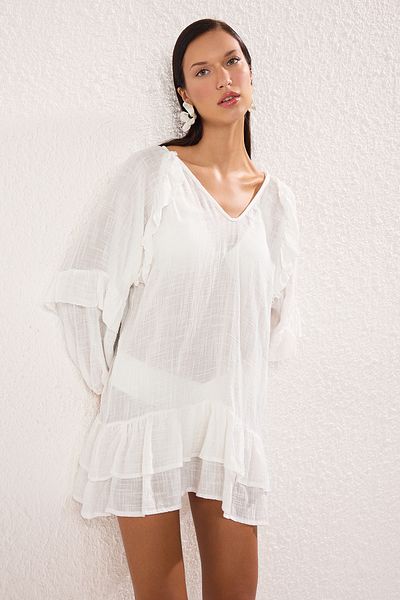 Trendyol Collection Λευκό Μίνι Υφαντό Φόρεμα Παραλίας TBESS25EL00076