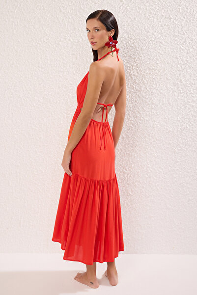 Trendyol Collection Red Maxi Woven Accessory Beach Dress Tbess25El00081