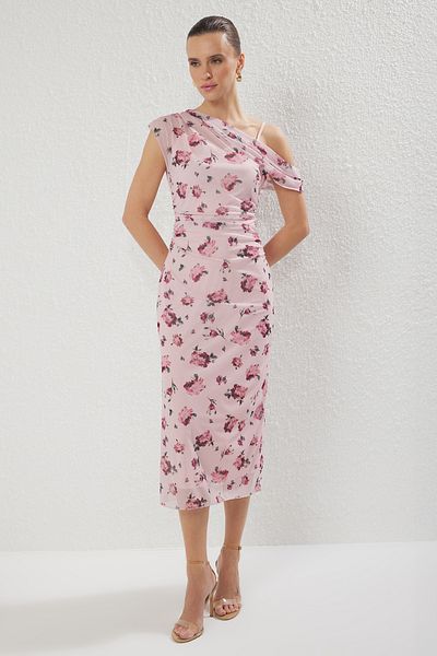 Trendyol Collection Pink Floral Midi Floral Tulle Fuzzy Top Dress Twoss25El00104