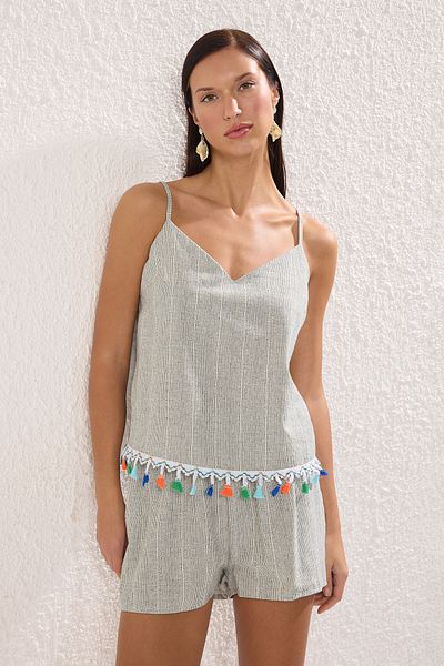 Trendyol Collection Striped Woven Tassel Detailed Linen Look Beach Blouse Skirt Set Tbess25Au00067