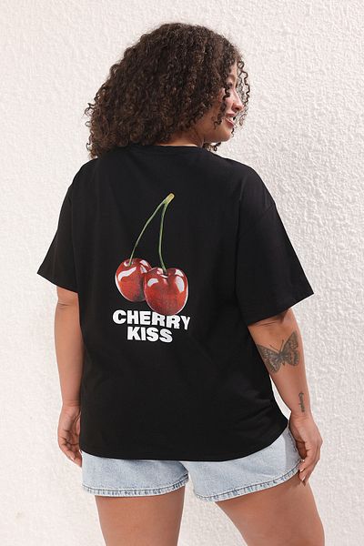 Trendyol Curve Black Oversize Fit T-Shirt Large Size, Cherry Printed Yplicated