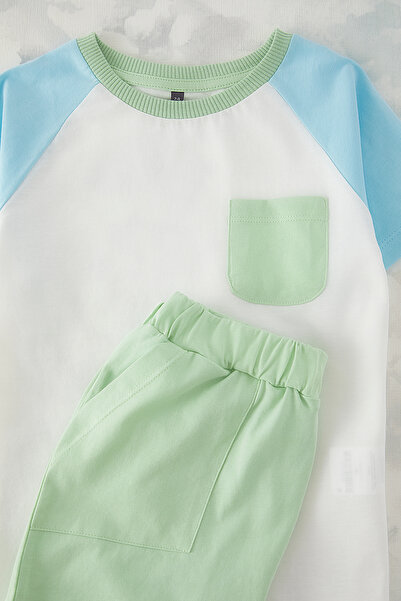 TRENDYOLKIDS Green Boy's Cotton Short Sleeve Knitted Bottom-Top Suit