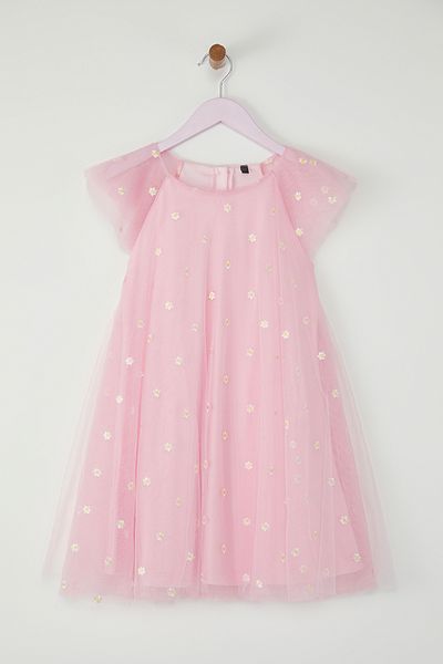 TRENDYOLKIDS Rosa Mädchen-Kind-Blumen-Mini-Kurzarm-Webkleid TKDSS25EL00030