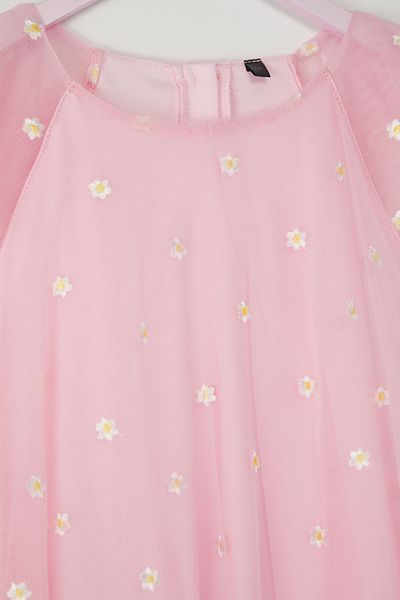 TRENDYOLKIDS Rosa Mädchen-Kind-Blumen-Mini-Kurzarm-Webkleid TKDSS25EL00030