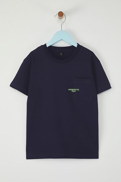 TRENDYOLKIDS Navy Blue Unisex 100% Cotton Slogan Printed Short Sleeve Knitted T-Shirt Tkdss25Ts00098