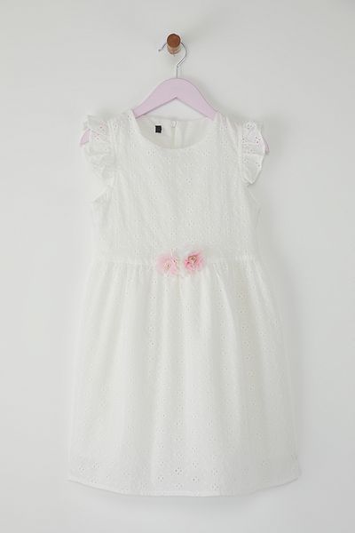 TRENDYOLKIDS Κοριτσίστικο φόρεμα εκρού 100% βαμβακερό βολάν Μίνι κοντομάνικο υφαντό