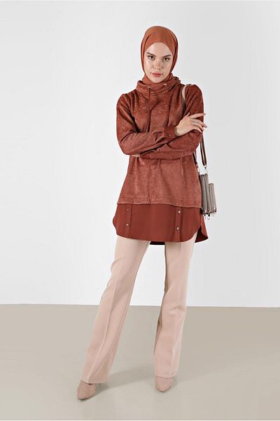 Alvina SHIRT PIECE DETAIL DEGAJE COLLAR CHANIL VELVET TUNIC 42397