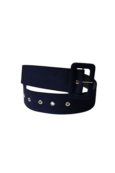 modayiğit Lacivert kadife kumaş kaplamalı kuş gözü delikli şık kemer