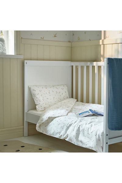 IKEA GULDVÄVARE Duvet Cover & Pillowcase Set for Cot, White Floral, 110x125/35x55 cm