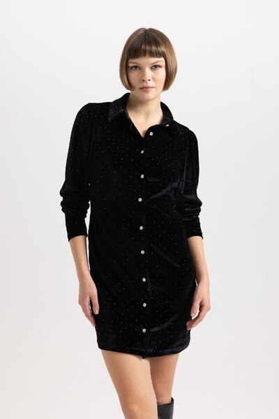 DeFacto Shirt Collar Velour Long Sleeve Mini Dress B6637ax23wn
