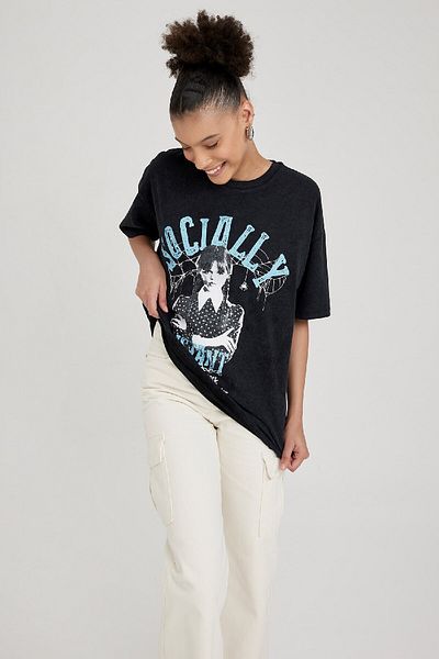 DeFacto Oversize Short Sleeve Cotton T-Shirt Faded Effect Coool Wednesday A8526Ax23Sm
